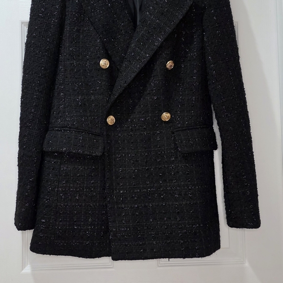 NWT Elegant Black Tweed Double-Breasted Blazer With Gold-Toned Buttons Size M - Picture 2 of 7